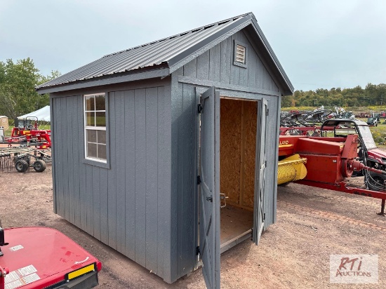 10x8 wooden storage shed with windows and barn doors, interior floor damage
