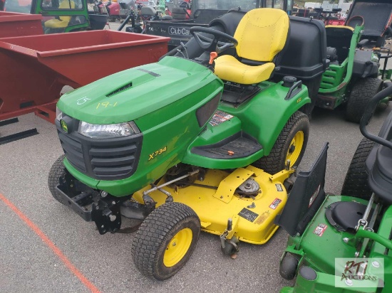 John Deere X734 lawn tractor, 4 wheel steer, 60in deck, grass collection and bagging system, HST,