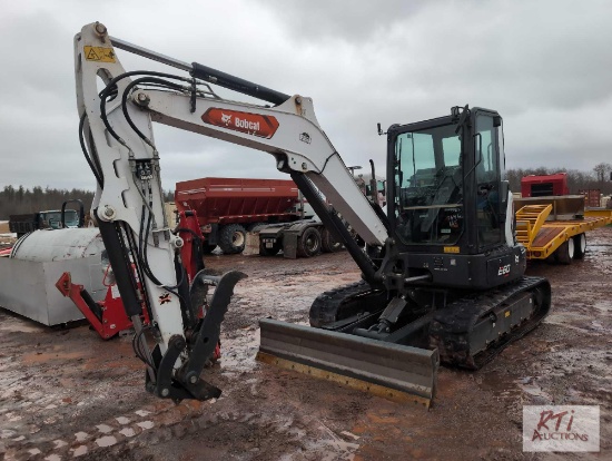 2022 Bobcat E60 excavator with cab, digging bucket, hydraulic thumb, angle blade, 769 hrs., S/N