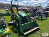John Deere 1025R compact tractor, 4WD, 120R quick attach loader, 60in auto connect drive over belly