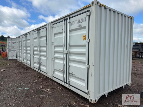 Single trip 40ft shipping container, 9.5ft tall, with four 92in double side doors, container #