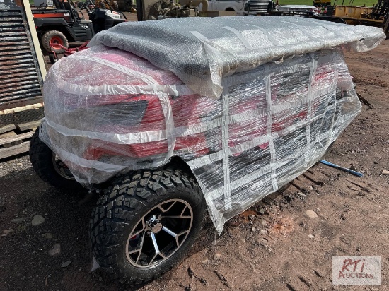 Off road red electric golf cart, 4 passenger, canopy, windshield, charger, alloy wheels, bluetooth