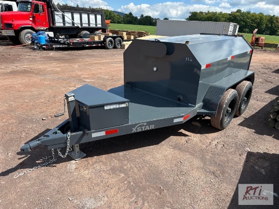 New X-Star 750 gallon fuel tank mounted on tandem trailer sells with 12 volt pump, S/N 039906.