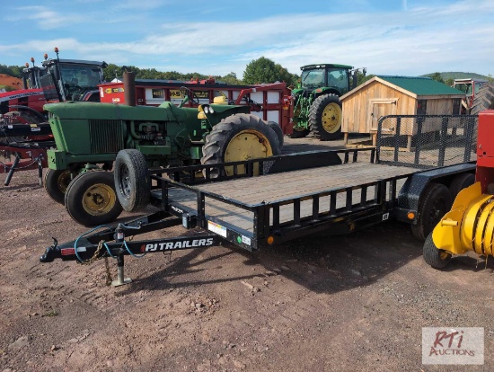 2026 PJ 16 foot utility trailer, tandem axle, dovetail, fold up gate, removable side rail ramps,