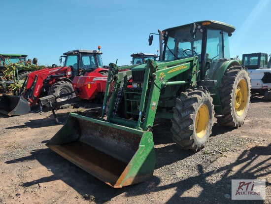 John Deere 6115D MFWD tractor with enclosed cab, front loader, 18.4x38 tires, wheel weights, 7241