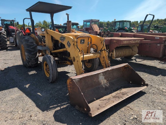 John Deere 401B industrial diesel tractor with front loader with 3 pt hitch and PTO.
