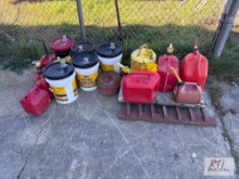 (10) mixed sized fuel cans, fluid buckets, and PVC fittings