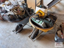 (2) Wheelbarrow with corded power tools including circular saws, sump pumps, drills and more