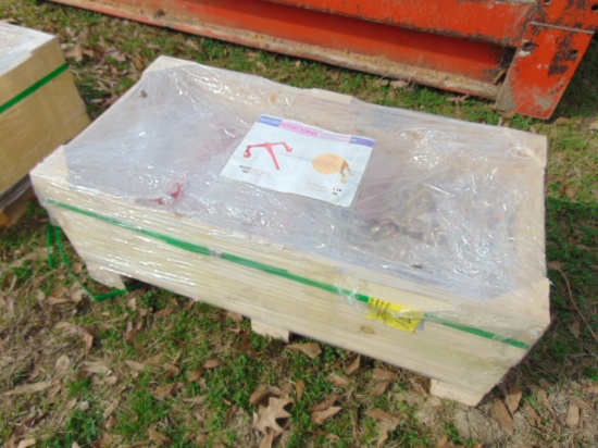 WOOD CRATE OF CHAINS, BINDERS