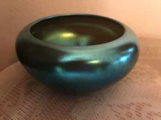 Blue aurene art glass shallow vase