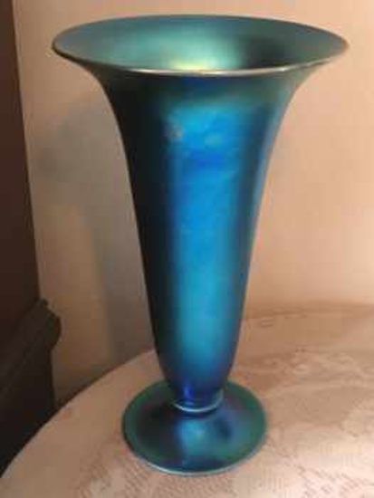 Steuben blue aurene footed vase