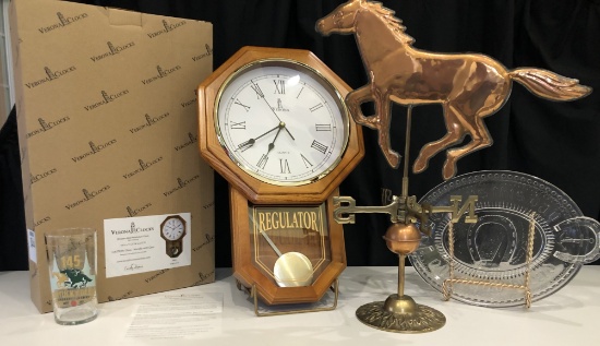 Brass & Copper Horse Weather Vane, Clock, Horseshoe Platter, Derby Class