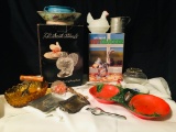 L.E. Smith Glass Crystal Covered Turkey Bowl, Silver Nut Cracker, Vtg 2 Section Tomato Tray & More