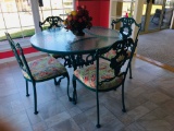 Cast Iron Table W/ Glass Top & 4 Matching Chairs