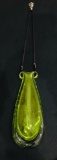 Green Glass Controlled Bubbles Hanging Flat Vase Signed