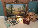 M. K. Lomack painting on mirror - Lenox Frame - Pottery - Turtle Lamp - Baskets