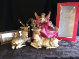 Angel in Orginal Box, 2 Gold Reindeers , Small Gold Framed Mirror