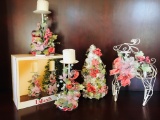 White Christmas Decor - Metal Deer, Pinecone Tree, 2 Metal Candle Holders - Matching Set