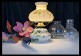 Antique Aladdin Converted Oil Lamp White Milk Glass Embossed Floral Design Hand Painted