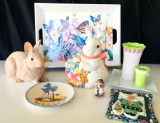 Rabbit Cookie Jar, Butterfly Tray, Signed Bunny, Vaces, Plates & More