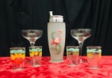 Flamingo Cocktail Shaker - Vtg Orange Juice Glasses - 2 Martini Glasses