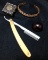 Vintage Men's Straight Razor, Copper Braided Bracelet, 4 Leaf Clover Pill Box & Buckeye