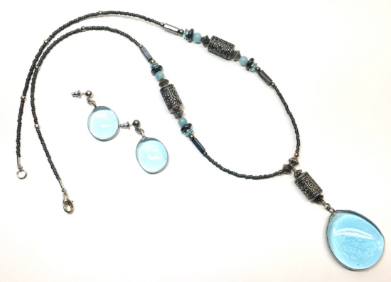 Antiqued Silver Blue Water Droplet Neckless & Earrings