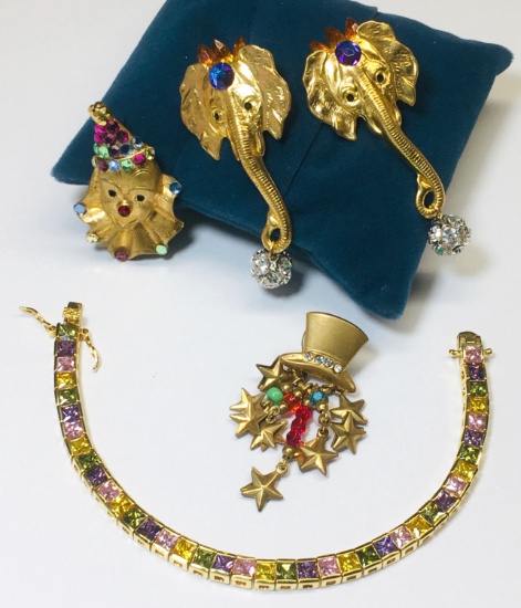 2 Pairs of RARE Katrina 1980's CIRCUS Earrings & Box Bracelet with Multi-Colored Crystals