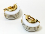 TRIFARI Clip Earrings - Gold Metal & White Banded Art Deco Style