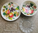 Italy Handpainted Platter, Serving Bowl. Vintage Glass Luncheon and Egg Platter