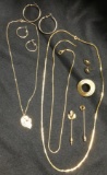 Gold Jewelry, Pins, 2 Sets Hoop Earrings, 3 Chains & More