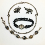 Silver Tone, Pewter, Black Glass Beads, Watch, Pen, Pendant, Elephants