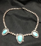 MARKED J.B. Old Navajo Sterling Silver 'Pearl' & 3 Large Panels of Turquoise.