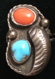 Native Sterling Silver with Turquoise and Coral - Ring Sz 7