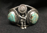 VINTAGE Sunface Kachina  Native American Navjo St Silver 2 Large Raw Turquoise Stones