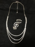 Brilliant Crystal Triple Drop Neckless and Art Deco Pin & Pendant Combo