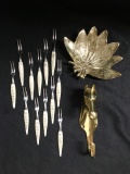 Vintage 1950 BRASS LEAF, Brass HORSE HOOK, Stainless Steel Cocktail Forks