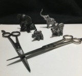 Barber Scissors Hair Cutting Scissors + Signed Elephant with 3 Pewter Elephants