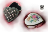 2 Heart Shaped Trinket Boxes - Porceilin & Metal. Limoges France