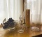 Crystal Candle Holders, Folded Grape Pressed Platter, Crystal Bell, Candle w/Glass Glove, Glass Cy