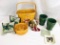 2 Mini Pillows, Boyds Collection Stocking Bear, 2 Green Pottery Vase/Mugs, Tour Basket Round Basket