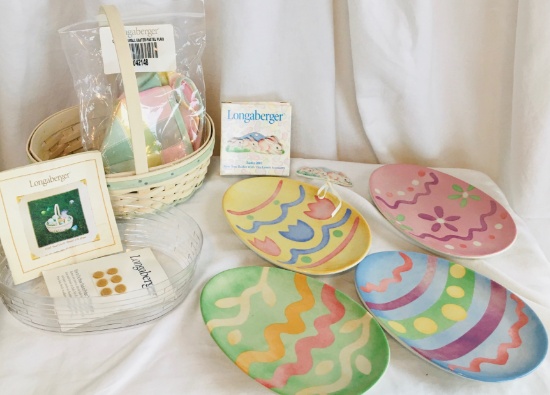 Easter Longaberger; 2002 Small Easter Combo Basket,  Pottery Easter Egg Plates