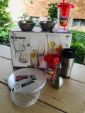 NIB LIBBEY Bravura Glasses, 2 SS Bowls, 2 Travel Mugs, Plates, Timer, Lazy Susan, Coffee Mug