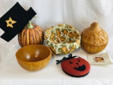 2002 Bowl Basket with Candle in Milk Glass Pumpkin Dish Set and Decor