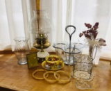 Eagle Oil Lamp, Condiment Caddy, England Cup & Saucer, Glass Vases, Cat Wire Holder, Leaf Coasters