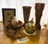 Hand Crafted Wooden Vases, Bowl and statue. Bird of Feathers, Pottery and Jar of Rocks