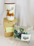 Reindeer Travel Cup Longaberger Potery  with 6x6 Tapestry Pillow