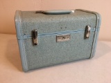 Samsonite Royal Traveller with make up tray. Travel Train Case in light blue tweed cloth & mirror