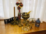 Brass Candle Holders, Urn, Pottery Jar, Film Picture Frame, Tissue Bottle & Flowers & more