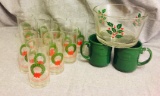 10 Libbey Holiday Wreath Glasses, 2 Longaberger Coffee Mugs, Heavy Vintage Glass Bowl w/ Holly Decor